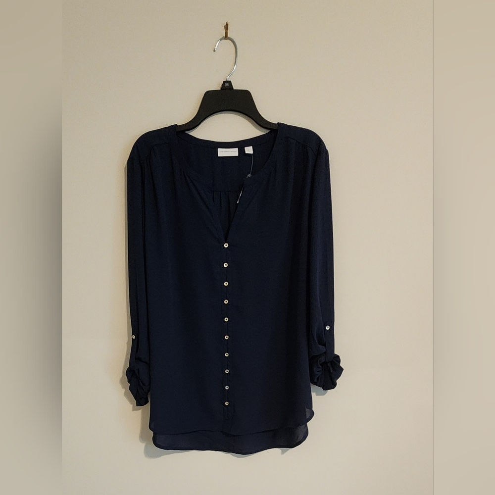 NWT - New York & Company Navy Blue V-Neck Blouse w/Button Down Front